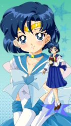  1990s_(style) back_bow bishoujo_senshi_sailor_moon blue_choker blue_eyes blue_hair blue_sailor_collar blue_skirt blue_theme blush book bow brooch choker circlet commentary_request earrings elbow_gloves female gloves gradient_background hair_ornament halftone halftone_background heart heart_brooch highres holding holding_book itou_ikuko_(style) jewelry light_smile loafers looking_at_viewer magical_girl mikiky mizuno_ami official_style retro_artstyle sailor_collar sailor_mercury sailor_senshi_uniform school_uniform serafuku shoes short_hair skirt socks solo standing star_(symbol) star_choker super_sailor_mercury v_arms 