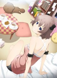  arm_support bad_id bad_pixiv_id bare_shoulders bed black_panties blue_eyes book bookshelf brown_hair cookie crossed_legs cup cushion female food from_behind halcyon indoors looking_at_viewer looking_back original panties room short_hair sitting smile solo stuffed_animal stuffed_toy table tissue_box underwear 