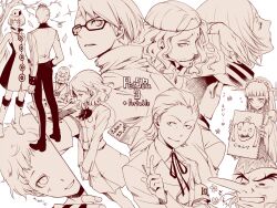  3girls 6+boys andre_roland_jean_gerard armband blush brother_and_sister commentary_request dress elizabeth_(persona) glasses gothic_lolita hairband hasegawa_saori hat igor_(persona) iori_junpei lolita_fashion long_hair monochrome multiple_boys multiple_girls mutatsu_(persona) niwatori_(nw_tr) odagiri_hidetoshi persona persona_3 persona_3_portable pharos sakaki_takaya school_uniform shirato_jin short_hair siblings sleeveless sleeveless_dress smile theodore_(persona) yoshino_chidori 