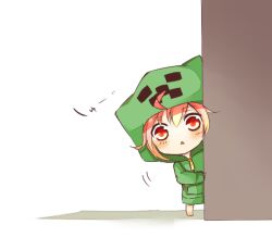  blush chibi commentary_request creeparka creeper female hood hoodie minecraft peeking_out personification red_eyes red_hair solo tosura-ayato 