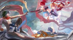  1boy 4girls aged_up ameru.miro antenna_hair apple bad_id bad_pixiv_id black_thighhighs blonde_hair blue_hair brown_hair crown disgaea doll etna_(disgaea) fine_art_parody flonne flonne_(fallen_angel) food fruit hair_ribbon hat highres kazamatsuri_fuuka laharl leotard long_hair makai_senki_disgaea makai_senki_disgaea_4 midriff multiple_girls muscular no_panties nude original outstretched_hand parody photoshop_(medium) pleinair ponytail prinny rabbit red_eyes red_hair red_leotard ribbon scarf sexually_suggestive shoes short_hair skirt smile sword the_creation_of_adam thighhighs usagi-san weapon 