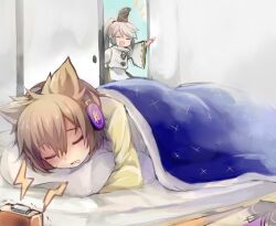  2girls alarm_clock blanket brown_hair clock closed_eyes commentary_request earmuffs futon grey_hair hat irony japanese_clothes kariginu kuzumiya_yuyu mononobe_no_futo multiple_girls open_mouth short_hair sleeping sleepwear tate_eboshi touhou toyosatomimi_no_miko 