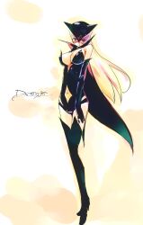  black_gloves blonde_hair blue_eyes boots breasts cape clothing_cutout commentary_request doronjo elbow_gloves female gloves large_breasts latex leotard long_hair mask navel navel_cutout refeia solo thigh_boots thighhighs time_bokan_(series) yatterman 