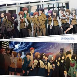  6+boys 6+girls absolutely_everyone aozaki_aoko asagami_fujino bad_id bad_pixiv_id black_hair blue_hair building ciel_(tsukihime) emiya_shirou enjou_tomoe everyone fate/stay_night fate_(series) glasses hairband highres himuro_kane holding_hands homurahara_academy_school_uniform inui_arihiko japanese_clothes kara_no_kyoukai kimono kinuta_kouji kokutou_azaka kokutou_mikiya kuonji_alice mahou_tsukai_no_yoru makidera_kaede matou_sakura matou_shinji misawa_hanei mitsuzuri_ayako mitsuzuri_minori multiple_boys multiple_girls red_hair reien_girl&#039;s_academy_school_uniform ryougi_shiki ryuudou_issei saegusa_yukika school school_uniform seo_akira shirazumi_lio shirazumi_lio_(young) shizuki_soujuurou short_hair skirt skyscraper tan tohno_akiha tohno_shiki tohsaka_rin tsukihime tsukihime_souka type-moon white_hairband yumizuka_satsuki 