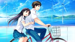  1boy :d aqua_eyes basket bicycle bicycle_basket black_hair blouse blue_pants blue_skirt blue_sky brown_hair cloud day female floating_hair game_cg habane_kotori happy highres hill hug hug_from_behind kono_oozora_ni_tsubasa_wo_hirogete light_rays long_hair looking_at_another minase_aoi_(konosora) multiple_riders necktie ocean open_mouth outdoors pants pillion plaid plaid_skirt purple_eyes purple_hair riding riding_bicycle school_uniform shirt short_sleeves sidesaddle skirt sky smile sunbeam sunlight white_shirt wind_turbine yashima_takahiro 