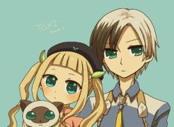  1boy animal aqua_eyes blue_background brown_hair coat elle_mel_martha feline female long_hair ludger_will_kresnik lulu_(tales) lulu_(tales_of_xillia_2) multicolored_hair necktie short_hair tales_of_(series) tales_of_xillia tales_of_xillia_2 twintails 