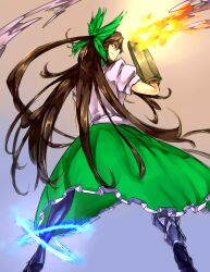  arm_cannon boots bow brown_hair commentary_request female fire green_bow green_skirt hairbow highres long_hair melon22 no_wings red_eyes reiuji_utsuho skirt smile solo touhou very_long_hair weapon 