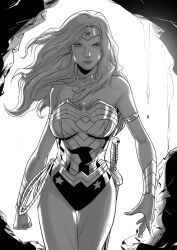  animification armlet armor arms_at_sides backlighting bare_shoulders belt breastplate breasts breasts_apart cave circlet clenched_hand commentary_request cowboy_shot dc_comics female greyscale hendry_prasetya jewelry large_breasts lasso lasso_of_truth leotard lips long_hair looking_at_viewer monochrome neck_ring outdoors parted_lips photoshop_(medium) rope serious solo standing star_(symbol) strapless strapless_leotard superhero_costume sword thigh_gap vambraces weapon wind wonder_woman wonder_woman_(series) 