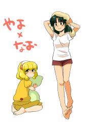  2girls after_bathing bad_id bad_pixiv_id barefoot blush drying drying_hair green_eyes green_hair hair_down hairband hug kneeling koyama_shigeru midorikawa_nao multiple_girls pajamas pillow precure shirt short_hair shorts smile smile_precure towel towel_on_head translated white_hairband yayoi_kise yellow_eyes 