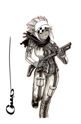  closed_eyes commentary commission dark-skinned_female dark_skin english_commentary female girl7 gun long_sleeves marker_(medium) monochrome omar_dogan original pants scarf shotgun signature simple_background smile solo sweater traditional_media visor_cap weapon 