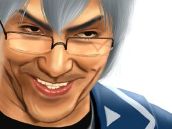  1boy akihabara@deep close-up commentary_request glasses grey_hair grin head_tilt looking_over_eyewear male_focus morichika_rinnosuke nakagomi_takeshi over-rim_eyewear parody rape_face semi-rimless_eyewear shirosato smile solo teeth touhou 