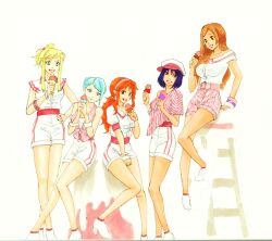  5girls bangle bleach bracelet char_(512-810-78) commentary_request crossover d.gray-man fullmetal_alchemist highres ice_cream_cone inoue_orihime jewelry kara_(band) karina_lyle lenalee_lee multiple_girls nami_(one_piece) one_piece parody shorts tiger_&amp;_bunny winry_rockbell 