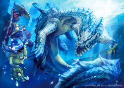  armor axe brown_hair cha-cha claws commentary_request fangs female fuse_ryuuta gloves hat highres ivory_lagiacrus kayamba monster_hunter_(character) monster_hunter_(series) monster_hunter_3_g ocean photoshop_(medium) short_hair sword underwater weapon yukumo_(armor) 