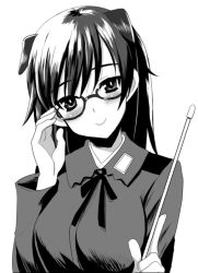  adjusting_eyewear bespectacled blush commentary_request female glasses greyscale hair_down johanna_wiese kyogoku_shin long_hair military military_uniform monochrome pointer smile solo uniform world_witches_series 