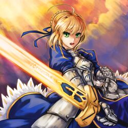  ahoge armor armored_dress artoria_pendragon_(fate) bad_id bad_pixiv_id blonde_hair dress excalibur_(fate/stay_night) fate/zero fate_(series) female gauntlets green_eyes hair_ribbon ks_(xephyrks) long_hair looking_at_viewer photoshop_(medium) ribbon saber_(fate) solo sword weapon 