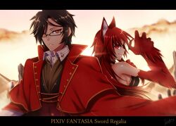  1boy animal_ears black_hair commentary_request female glasses konshin letterboxed long_hair oerba_yun_fang opera_the_vermelho pixiv_fantasia pixiv_fantasia_sword_regalia red_eyes red_hair wolf_ears 