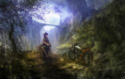  black_hair bridge building coat commentary_request female fur_hat goggles hat highres kino_(kino_no_tabi) kino_no_tabi lm7_(op-center) motor_vehicle motorcycle nature photoshop_(medium) scenery shirt short_hair solo tomboy tree 