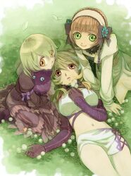  3girls bad_id bad_pixiv_id bandeau blonde_hair brown_eyes brown_hair bug butterfly coat creature dress elize_lutus grass green_eyes leia_rolando lizzydom long_hair lying midriff milla_maxwell multiple_girls navel red_eyes short_hair skirt smile tales_of_(series) tales_of_xillia teepo_(tales) 