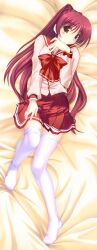  absurdres artist_request bed_sheet bow brown_eyes female highres kousaka_tamaki long_hair long_sleeves lying on_back red_hair school_uniform serafuku skirt solo thighhighs to_heart_(series) to_heart_2 white_thighhighs 