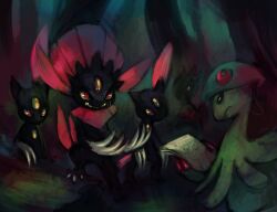  bad_deviantart_id bad_id breloom claws furry glitchedpuppet highres holding monocle pink_eyes pokemon pokemon_(creature) pokemon_mystery_dungeon shroomsworth_(pmd-explorers) sneasel weavile 