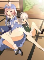  2girls ass bandaid bandaid_on_knee bandaid_on_leg blue_eyes blush commentary_request hairband japanese_clothes konpaku_youmu konpaku_youmu_(ghost) kurot multiple_girls open_mouth panties pink_eyes pink_hair saigyouji_yuyuko short_hair tatami touhou underwear white_hair white_panties 