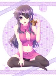  acorn bad_id bad_pixiv_id breasts chipmunk cleavage eyepatch female large_breasts long_hair miki_souya mirai_nikki navel panties pantyshot purple_eyes purple_hair sidelocks simple_background sitting solo squirrel thighhighs unbuttoned underwear uryuu_minene 