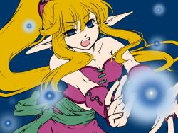  bare_shoulders blonde_hair blue_eyes breasts bridal_gauntlets bustier cleavage commentary_request earrings female jewelry k_a_y_a long_hair magic medium_breasts open_mouth pointy_ears primm_(seiken_densetsu_2) sash seiken_densetsu seiken_densetsu_2 solo 