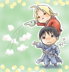  2boys chibi commentary_request edward_elric fullmetal_alchemist furamu lowres multiple_boys on_head person_on_head roy_mustang steam watering_can 