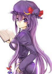  absurdres at2. bonnet book bow closed_mouth commentary expressionless female hair_ornament highres lips long_hair looking_at_viewer patchouli_knowledge purple_eyes purple_hair solo touhou white_background 