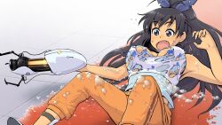  aperture_science_handheld_portal_device black_hair blue_eyes blush bouncing_breasts breasts bubble chiaki_rakutarou commentary_request crossover female gameplay_mechanics ganaha_hibiki hair_ribbon highres idolmaster idolmaster_(classic) large_breasts long_hair open_mouth ponytail portal_(series) portal_1 portal_2 ribbon sexually_suggestive solo suggestive_fluid torn_clothes 