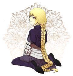  blonde_hair braid capelet commentary_request dress fate/apocrypha fate/zero fate_(series) female gauntlets headpiece jeanne_d&#039;arc_(fate) jeanne_d&#039;arc_(ruler)_(fate) long_hair purple_eyes purple_thighhighs reito6 single_braid sitting solo thighhighs very_long_hair wariza 