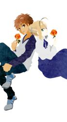  1boy ahoge artoria_pendragon_(fate) back-to-back bad_id bad_pixiv_id blonde_hair brown_eyes brown_hair casual dress emiya_shirou fate/stay_night fate_(series) female flower green_eyes kuroihato orange_flower orange_rose raglan_sleeves rose saber_(fate) shoes short_hair sneakers 