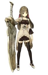  3d artist_request atelier_(series) atelier_ayesha black_eyes black_hair cel_shading cropped_jacket female full_body game_model huge_weapon linca_(atelier) linca_(eighth)_(atelier) long_hair official_art photoshop_(medium) simple_background solo sword thighhighs weapon white_background 