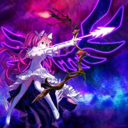  aiming ankle_wings arrow_(projectile) bow bow_(weapon) breasts cleavage commentary_request drawing_bow dress female gloves glowing glowing_arrow glowing_weapon glowing_wings hairbow holding holding_arrow holding_bow_(weapon) holding_weapon kaname_madoka long_hair mahou_shoujo_madoka_magica mahou_shoujo_madoka_magica_(anime) md5_mismatch medium_breasts outstretched_arm panties pantyshot photoshop_(medium) pink_hair red_eyes solo space standing thighhighs two_side_up ultimate_madoka underwear weapon white_dress white_gloves white_panties white_thighhighs wings wu_niang 