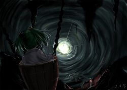  beam bucket cave commentary_request erinerin99 female from_behind glowing glowing_eye green_hair hair_bobbles hair_ornament in_bucket in_container kisume light long_sleeves perspective rope skeleton solo stalactite touhou twintails water 