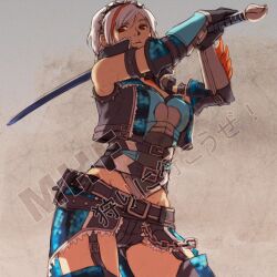  belt commentary_request copyright_name elbow_gloves female gloves groin headband liduke midriff monster_hunter_(character) monster_hunter_(series) over_shoulder photoshop_(medium) red_eyes simple_background solo sword sword_over_shoulder thighhighs vest weapon weapon_over_shoulder white_hair 