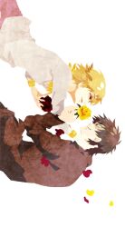  2boys bad_id bad_pixiv_id blonde_hair bracelet brown_hair falling fate/zero fate_(series) flower gilgamesh_(fate) jewelry kotomine_kirei kuroihato male_focus multiple_boys petals red_eyes red_flower red_rose rose yellow_flower yellow_rose 