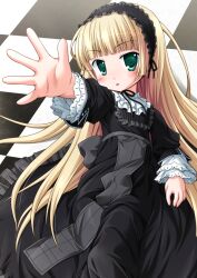  black_dress blonde_hair checkered_background chin_strap cropped dress female gosick gothic_lolita green_eyes hairband lolita_fashion long_hair looking_at_viewer natsuhime_yuran outstretched_hand solo victorica_de_blois 