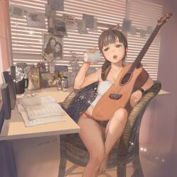  :o acoustic_guitar armchair bare_shoulders barefoot bottle bow bracelet braid brown_eyes brown_hair chair commentary_request dated desk feet_on_chair female flower guitar hairbow halterneck head_tilt hjl holding instrument jar jewelry john_lennon knee_up leg_up lens_flare ono_youko open_mouth original panties peace_symbol petals photo_(object) photoshop_(medium) plant potted_plant real_life red_panties sheet_music side-tie_panties signature single_braid sitting solo string_phone sunlight table underwear window_blinds 