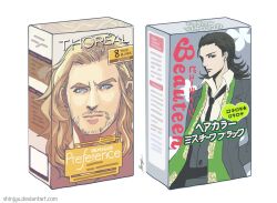  2boys avengers_(series) black_hair blonde_hair brand_name_imitation commentary english_commentary facial_hair formal loki_(marvel) long_hair marvel marvel_cinematic_universe merchandise moogie_(shinjyu) multiple_boys necktie parody pun stubble suit thor_(marvel) translated 