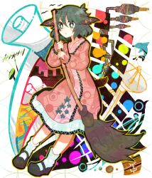  animal_ears bad_id bad_pixiv_id bamboo_broom blush broom cable dolphin dress female green_eyes green_hair highres itomugi-kun kasodani_kyouko megaphone radio_antenna shoes short_hair socks solo tail touhou 