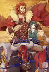  2boys androgynous armor beard black_hair bull cape chariot commentary_request facial_hair fate/zero fate_(series) gordius_wheel_(fate) highres iskandar_(fate) komi_(icemeko) male_focus multiple_boys photoshop_(medium) red_eyes red_hair size_difference waver_velvet 