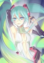  aqua_eyes aqua_hair armpits arms_up bare_shoulders breasts breasts_apart bridal_gauntlets center_opening collarbone commentary_request covered_collarbone cowboy_shot elbow_gloves female floating_hair gloves gradient_hair grin hair_between_eyes hatsune_miku hatsune_miku_(append) kanou_ayumi long_hair looking_at_viewer medium_breasts multicolored_hair narrow_waist navel necktie shiny_clothes shiny_skin sideboob skinny smile solo tsurime twintails very_long_hair vocaloid vocaloid_append 