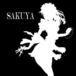  apron bad_id bad_pixiv_id braid breasts character_name covered_nipples female greyscale highres izayoi_sakuya kitazinger knife maid_headdress medium_breasts monochrome photoshop_(medium) pocket_watch short_hair silhouette simple_background solo thighhighs touhou twin_braids waist_apron watch 