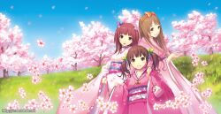  banned_artist bell brown_eyes cherry_blossoms grass hair_bobbles hair_ornament hairband holding japanese_clothes kimono long_hair mana_kakkowarai multiple_girls original petals red_eyes red_hair tree twintails watermark web_address 