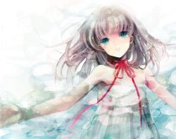  aqua_eyes armpits bare_shoulders brown_hair camisole commentary_request female flat_chest long_hair original outstretched_arms pale_color parted_lips photoshop_(medium) pyo_(xxxxy) red_ribbon ribbon sleeveless solo spread_arms underwater upper_body water 