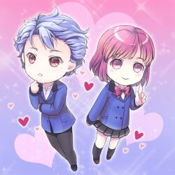  1boy bad_id bad_pixiv_id blue_hair bow chibi female habataki_academy_school_uniform heart photoshop_(medium) pink_eyes pink_hair protagonist_(tokimemo_gs3) red_eyes school_uniform shitara_seiji skirt smile tokimeki_memorial tokimeki_memorial_girl&#039;s_side_3rd_story unya_(unya-unya) 