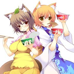  2girls aburaage animal_ears blonde_hair blush breasts brown_hair chopsticks commentary_request cup_ramen eating food fox_ears fox_tail futatsuiwa_mamizou glasses highres holding instant_soba instant_udon kitsune_udon kusano_(torisukerabasu) large_breasts leaf leaf_on_head looking_at_viewer maruchan_akai_kitsune_udon maruchan_midori_no_tanuki_tensoba md5_mismatch mouth_hold multiple_girls noodles raccoon_ears raccoon_tail soba tail touhou yakumo_ran yellow_eyes 