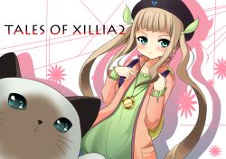  animal aqua_eyes black_hat blonde_hair blush commentary_request copyright_name elle_mel_martha feline female green_shirt hat highres long_hair mahcdai ribbon rollo_(tales) shirt solo tales_of_(series) tales_of_xillia tales_of_xillia_2 twintails 