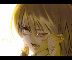  aritoki_ritsu backlighting blush brown_eyes brown_hair close-up commentary_request crying female hair_tubes hakurei_reimu letterboxed lips one_eye_closed open_mouth partial_commentary portrait sepia solo tears touhou wiping_tears 